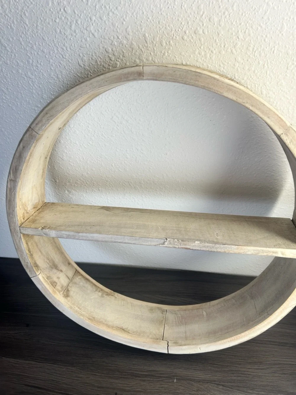 Vintage Round Wood Wall Shelf Rustic Whitewashed Farmhouse 20.5”